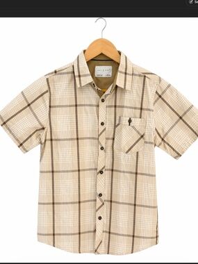 Day & Age Boys Plaid Button Down Shirt Size 10/12 Beige Brown Short Sleeve